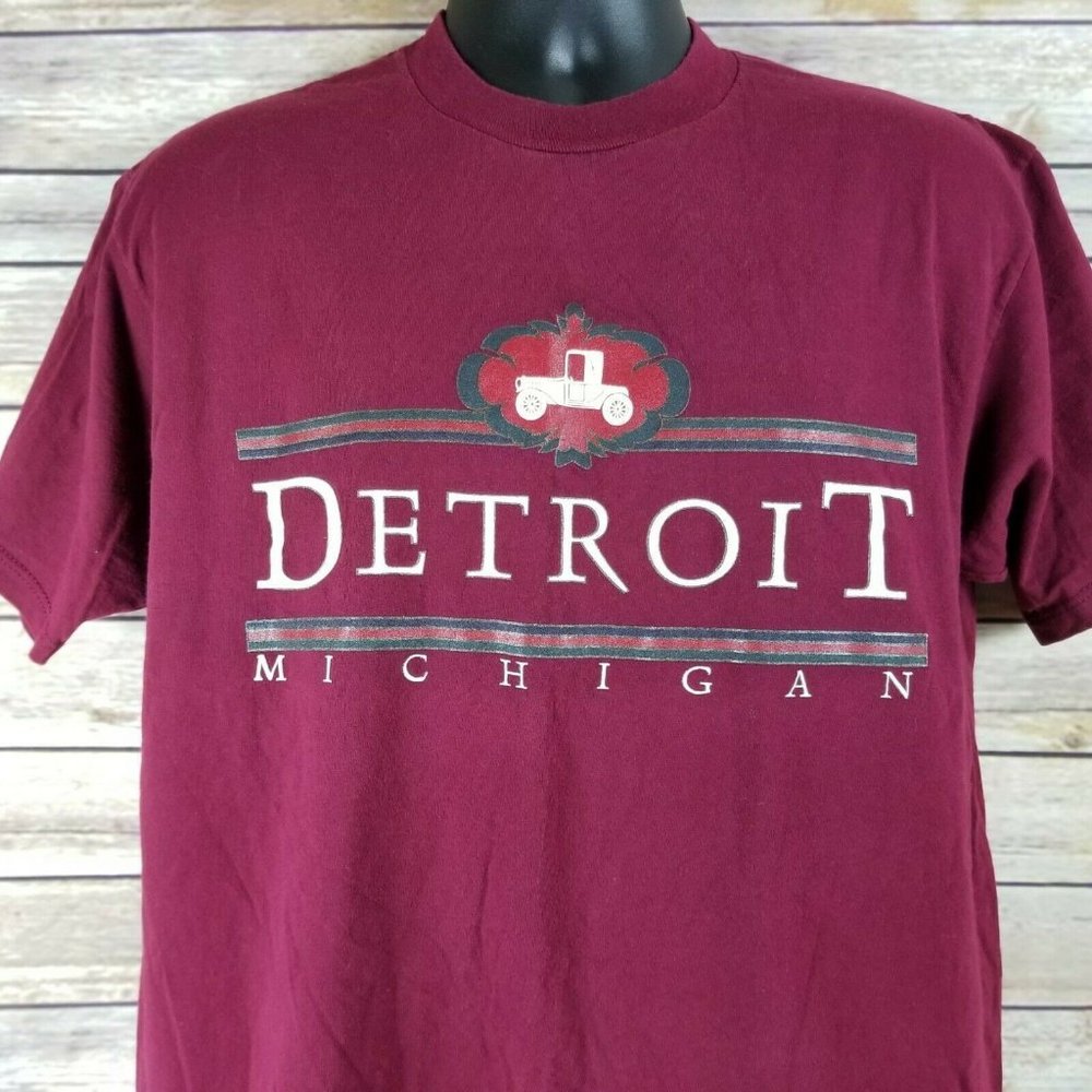 Vintage Detroit Michigan Mens Lg Souvenir Tee Shirt Burgundy Jerzees USA Made